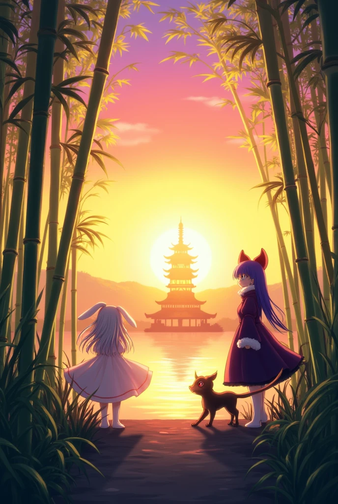 Create a bamboo forest with a temple in the background at sunset featuring the Touhou characters named ,reisen inaba ,patchouli knowledge y koakuma anime style 