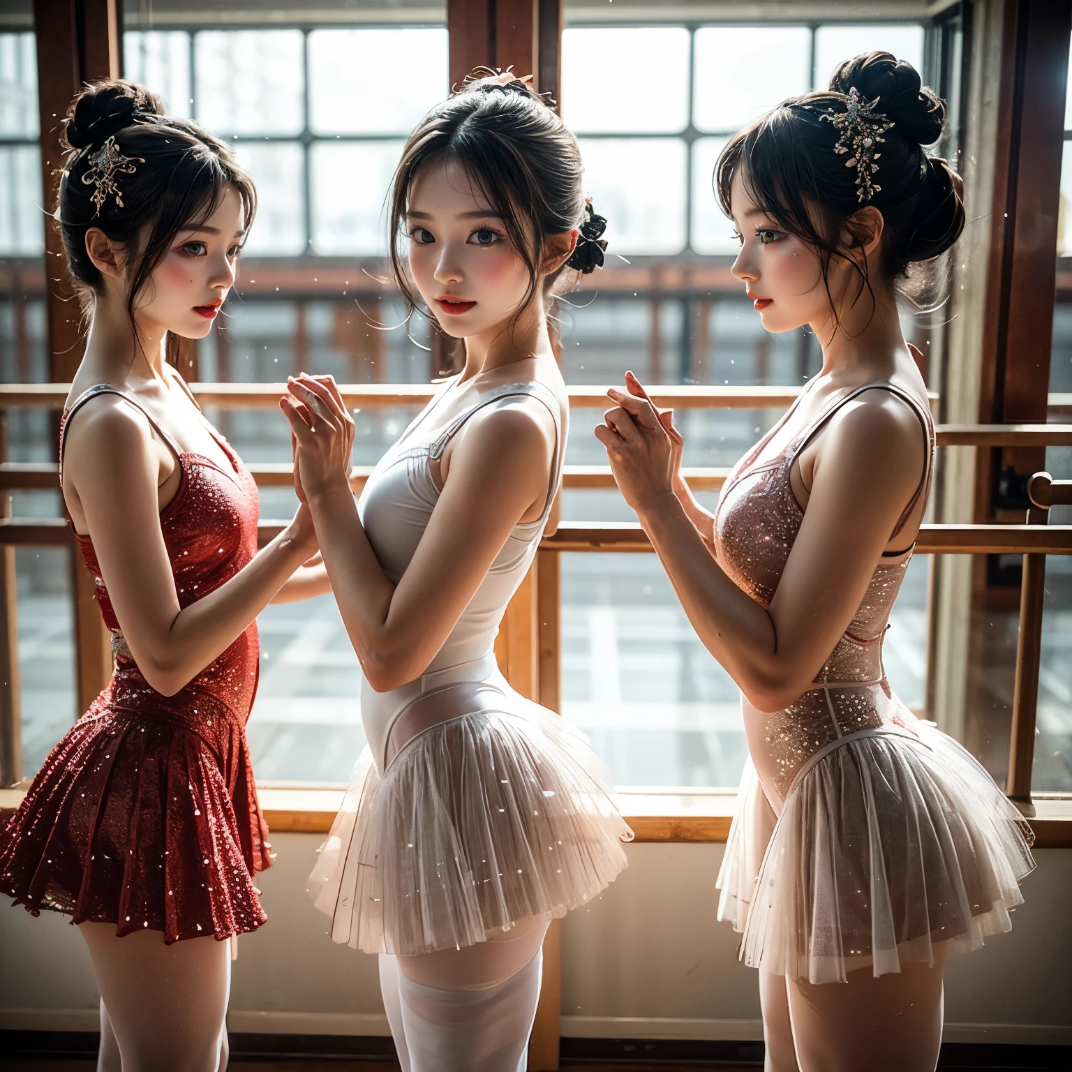 SFW, ExtremelyDetailed (((Kawaii Ballet Girls Group in a row:1.4))), Childish perfect face, Reflective Eyes, Detailed(Delicate Clothing textures), Corrected Leg to Foot Line, Corrected Childish Hand, Dynamic Joyful Expressions LifeLike Rendering, ((Specular Reflection:0.8)), TopQuality 8K Ultra-detailed masterpiece (ProfessionalPhoto:1.37)(Acutance:0.8),(Luminism:1.28), Tyndall Effect, (Muscle:-0.5), facing away (from side ) (Beautiful hip line clearly visible)