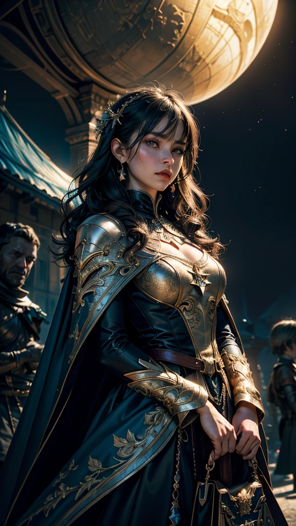 A beautiful girl standing alone in front of a majestic castle, gazing up at the night sky, wearing a puffy-sleeved dress with a cape and carrying a bag, (best quality,4k,8k,highres,masterpiece:1.2),ultra-detailed,(realistic,photorealistic,photo-realistic:1.37),HDR,UHD,studio lighting,ultra-fine painting,sharp focus,physically-based rendering,extreme detail description,professional,vivid colors,bokeh,portrait,fantasy,dramatic lighting,glowing stars,moody atmosphere
