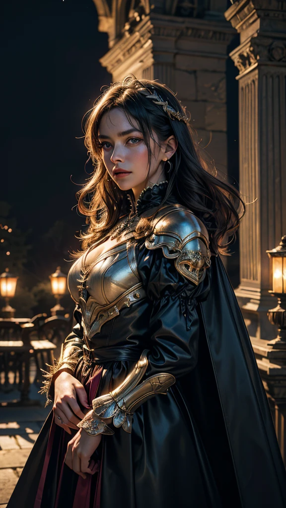 A beautiful girl standing alone in front of a majestic castle, gazing up at the night sky, wearing a puffy-sleeved dress with a cape and carrying a bag, (best quality,4k,8k,highres,masterpiece:1.2),ultra-detailed,(realistic,photorealistic,photo-realistic:1.37),HDR,UHD,studio lighting,ultra-fine painting,sharp focus,physically-based rendering,extreme detail description,professional,vivid colors,bokeh,portrait,fantasy,dramatic lighting,glowing stars,moody atmosphere