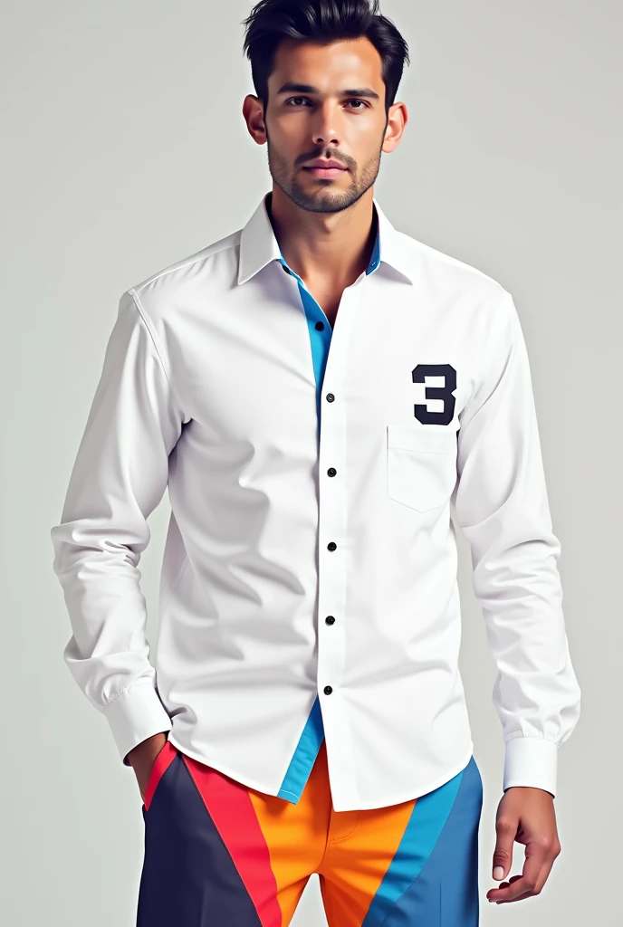 Create a white shirt with color details and a symbol on the left chest corner with a 3