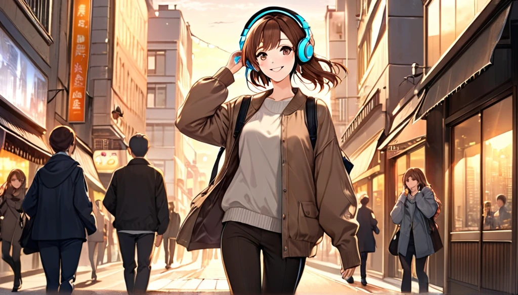 (Brown haired woman wearing headphones), (Walking around the city in the evening listening to background music), (Very detailed, masterpiece, Highest quality, bright), (Anime Style)
background: Cityscape at dusk: Relaxed smiling outfit: Light jacket and pants pose: Scene of walking while waving hands: In the city at dusk、Enjoy a pleasant walk while listening to background music