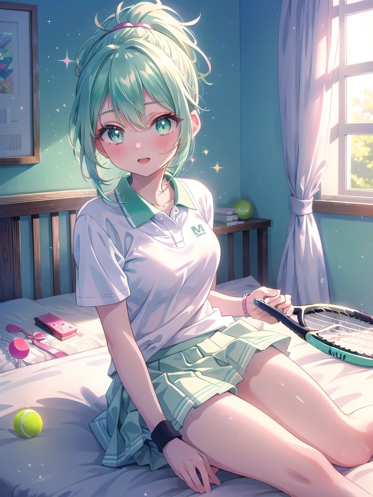 ((8k, Highest quality, masterpiece: 1.3)),Ultra-high resolution,(1 girl, alone), (Color changing eyes, Ultra-detailed, Expressive brilliance, Glitter, Glowing Eyes), Highly detailed eyes, Highly detailed face, Random Hair, ((pastel colour)),A cheerful young woman with pastel mint-green hair styled into a high ponytail, sitting on the edge of her bed in her sunlit bedroom during a bright afternoon. She is dressed in a cute yet subtly sexy tennis player cosplay, wearing a pleated white skirt, a fitted polo shirt, and a sweatband on her wrist. The camera captures her from a frontal angle as she playfully swings a tennis racket, her expression full of energy and joy. The room is filled with warm sunlight, with a tennis bag resting beside the bed, a few scattered tennis balls, and a vibrant, sporty atmosphere, (nsfw:1.2)