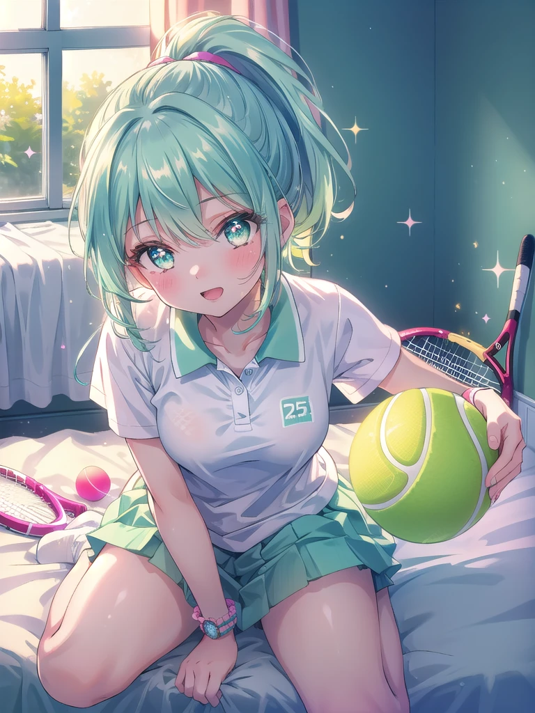 ((8k, Highest quality, masterpiece: 1.3)),Ultra-high resolution,(1 girl, alone), (Color changing eyes, Ultra-detailed, Expressive brilliance, Glitter, Glowing Eyes), Highly detailed eyes, Highly detailed face, Random Hair, ((pastel colour)),A cheerful young woman with pastel mint-green hair styled into a high ponytail, sitting on the edge of her bed in her sunlit bedroom during a bright afternoon. She is dressed in a cute yet subtly sexy tennis player cosplay, wearing a pleated white skirt, a fitted polo shirt, and a sweatband on her wrist. The camera captures her from a frontal angle as she playfully swings a tennis racket, her expression full of energy and joy. The room is filled with warm sunlight, with a tennis bag resting beside the bed, a few scattered tennis balls, and a vibrant, sporty atmosphere, (nsfw:1.2)

