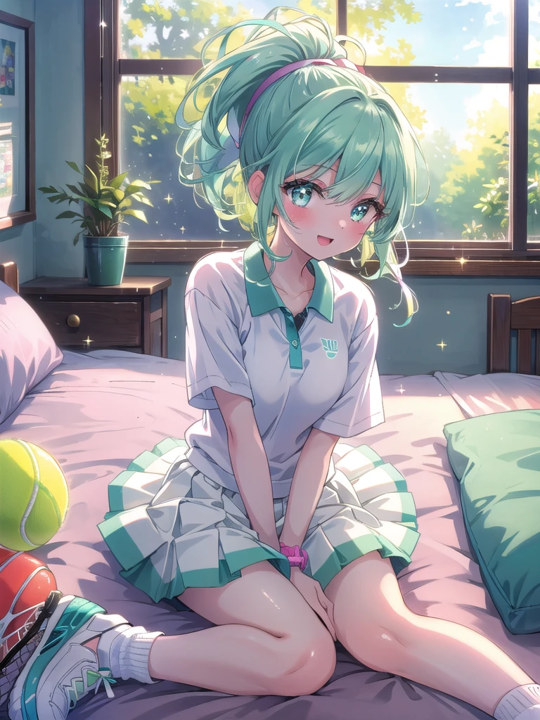 ((8k, Highest quality, masterpiece: 1.3)),Ultra-high resolution,(1 girl, alone), (Color changing eyes, Ultra-detailed, Expressive brilliance, Glitter, Glowing Eyes), Highly detailed eyes, Highly detailed face, Random Hair, ((pastel colour)),A cheerful young woman with pastel mint-green hair styled into a high ponytail, sitting on the edge of her bed in her sunlit bedroom during a bright afternoon. She is dressed in a cute yet subtly sexy tennis player cosplay, wearing a pleated white skirt, a fitted polo shirt, and a sweatband on her wrist. The camera captures her from a frontal angle as she playfully swings a tennis racket, her expression full of energy and joy. The room is filled with warm sunlight, with a tennis bag resting beside the bed, a few scattered tennis balls, and a vibrant, sporty atmosphere, (nsfw:1.2)