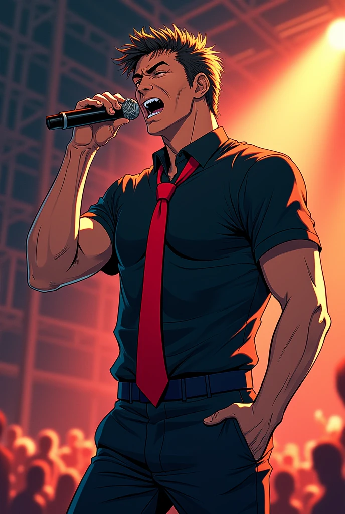 The atmosphere is like a shonen manga、An angled view of a man holding a microphone and singing with one eye closed、He is wearing a short-sleeved black shirt and a red tie