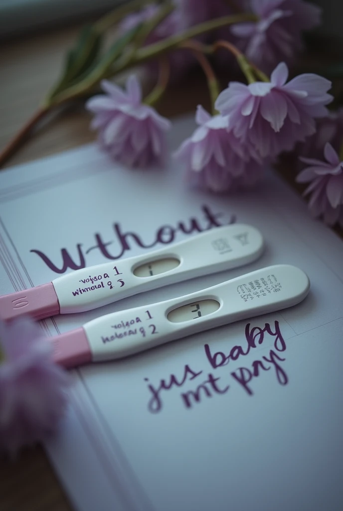 A blurred background with negative pregnancy tests in lilac color written the phrase: "without a baby, just gases" In Portuguese Brazil.