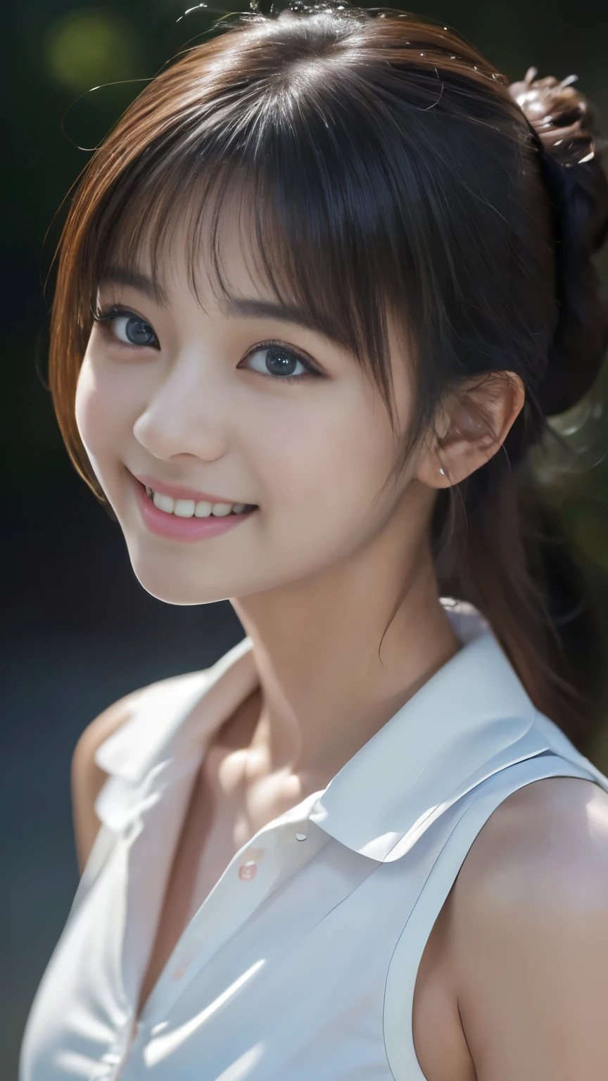 (8k, Highest quality, Real、 Ultra-high resolution:1.5),Beautiful Japanese Women, ((Cute Smile)),（Updo）, (Sleeveless shirt with collar), A side profile peering into this, Close-up shot of the face、
