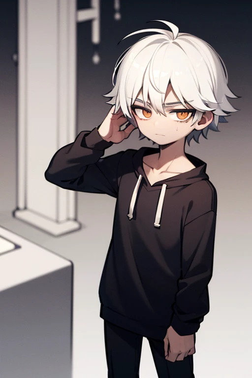 1 boy, standing alone, white  hair, eyes browns, facefocus, dark background theme, black long-sleeved sweatshirt