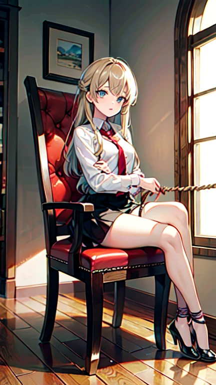 A girl sitting on a chair with her legs tied with ropes to the legs of the chair