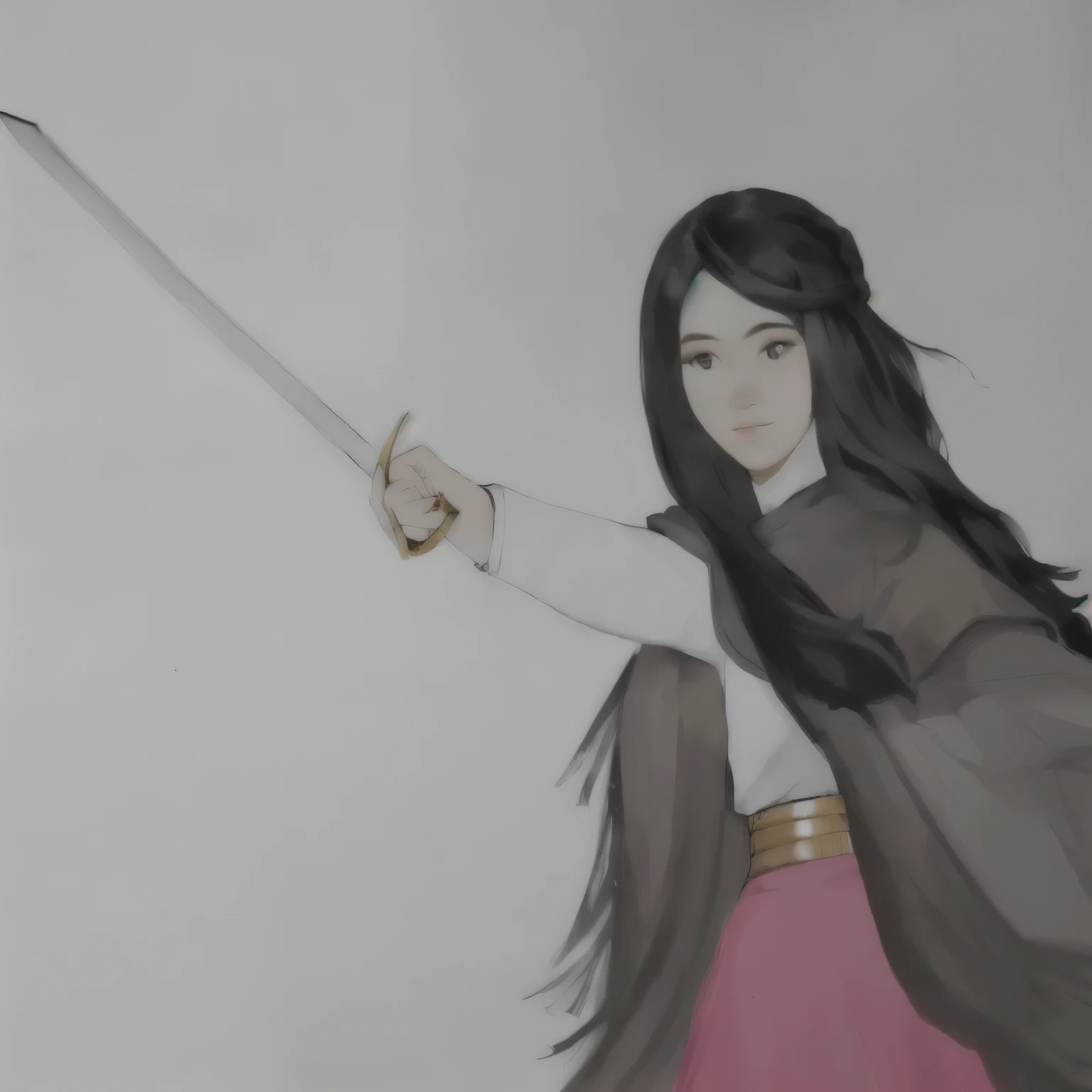 drawing of a woman holding an epée in her hand, she is holding an epée, holding an epée on her shoulder, long sword in hand, ela está holding an epée katana, practicing your sword staces, while holding an epée, holding an epée, wielding a sword, holds a sword, holding an epée de duas mãos, holding a longsword, art admirer