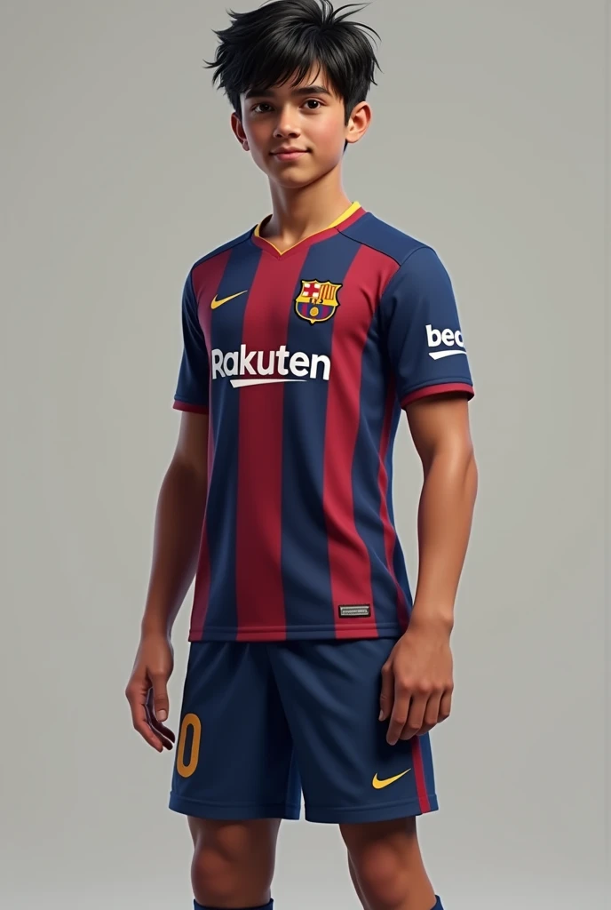 You can generate a boy 163 cm tall,a little dark, with muscle , endomorphic body, Brown eyes, black hair,disheveled hair, wearing a Barcelona shirt