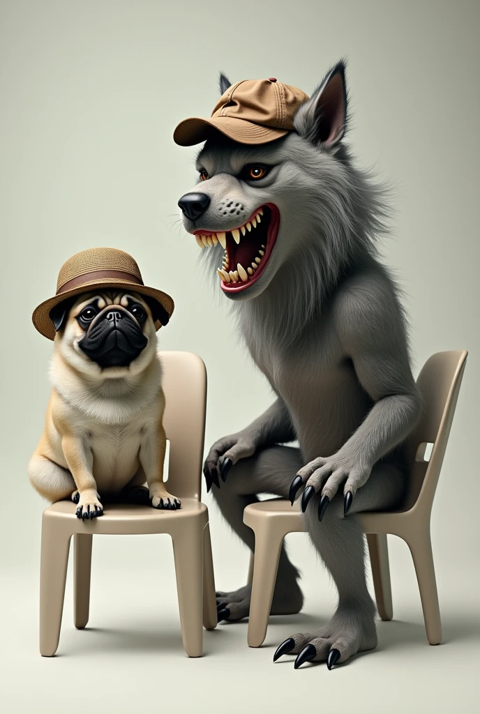 Create an image with a werewolf with a cap, a pug with a hat sitting on two different white plastic chairs