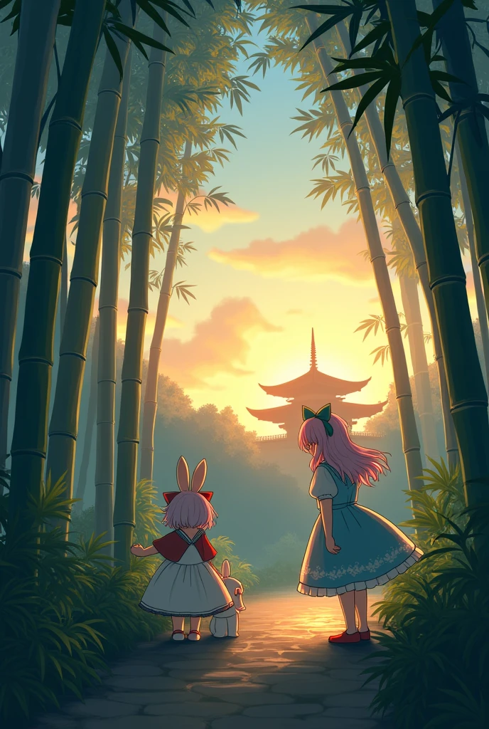 Create a bamboo forest with a temple in the background at dusk featuring the Touhou characters ,reisen inaba ,patchouli knowledge y koakuma anime style