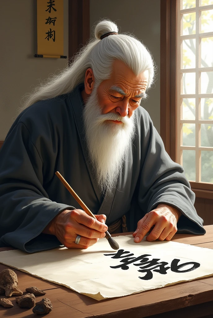 An old man writing with a brush