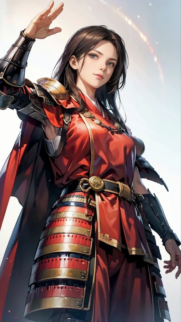 Beautiful woman with dark hair：1.3, Amazing character art, ((Knight Armor:1.3 )),((Pure white background)), (8k, RAW photo, best quality), Handsome，Beautiful female knight, 2. 5D CGI Anime Fantasy Artwork, Detailed digital art, Very nice work of art, Fan Art Best Art Station, (Red velvet long cape),(Stretch your open hand forward:1.3), (Hands on hips),(on stage:1.2),((From below)),Eyes looking into the distance,(A female general gives orders to her soldiers:1.3),Muscular,(samurai:1.2),dynamic,Confident,An inappropriate smile,Overbearing,samurai：1.2,Japan