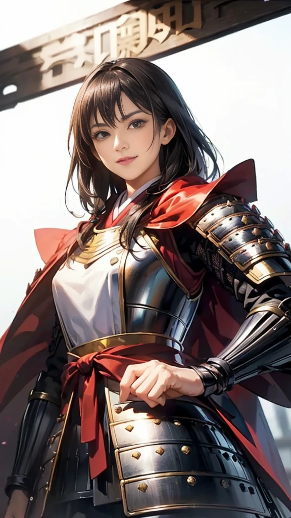Beautiful woman with dark hair：1.3, Amazing character art, ((Knight Armor:1.3 )),((Pure white background)), (8k, RAW photo, best quality), Handsome，Beautiful female knight, 2. 5D CGI Anime Fantasy Artwork, Detailed digital art, Very nice work of art, Fan Art Best Art Station, (Red velvet long cape),(Stretch your open hand forward:1.3), (Hands on hips),(on stage:1.2),((From below)),Eyes looking into the distance,(A female general gives orders to her soldiers:1.3),Muscular,(samurai:1.2),dynamic,Confident,An inappropriate smile,Overbearing,samurai：1.2,Japan