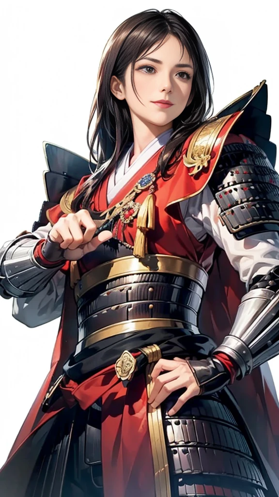 Beautiful woman with dark hair：1.3, Amazing character art, ((Knight Armor:1.3 )),((Pure white background)), (8k, RAW photo, best quality), Handsome，Beautiful female knight, 2. 5D CGI Anime Fantasy Artwork, Detailed digital art, Very nice work of art, Fan Art Best Art Station, (Red velvet long cape),(Stretch your open hand forward:1.3), (Hands on hips),(on stage:1.2),((From below)),Eyes looking into the distance,(A female general gives orders to her soldiers:1.3),Muscular,(samurai:1.2),dynamic,Confident,An inappropriate smile,Overbearing,samurai：1.2,Japan