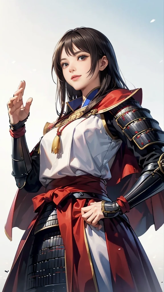 Beautiful woman with dark hair:1.3, Amazing character art, ((Knight Armor:1.3 )),((Pure white background)), (8k, RAW photo, best quality), Handsome,Beautiful female knight, 2. 5D CGI Anime Fantasy Artwork, Detailed digital art, Very nice work of art, Fan Art Best Art Station, (Red velvet long cape),(Stretch your open hand forward:1.3), (Hands on hips),(on stage:1.2),((From below)),Eyes looking into the distance,(A female general gives orders to her soldiers:1.3),Muscular,(samurai:1.2),dynamic,Confident,An inappropriate smile,Overbearing,samurai:1.2,Japan