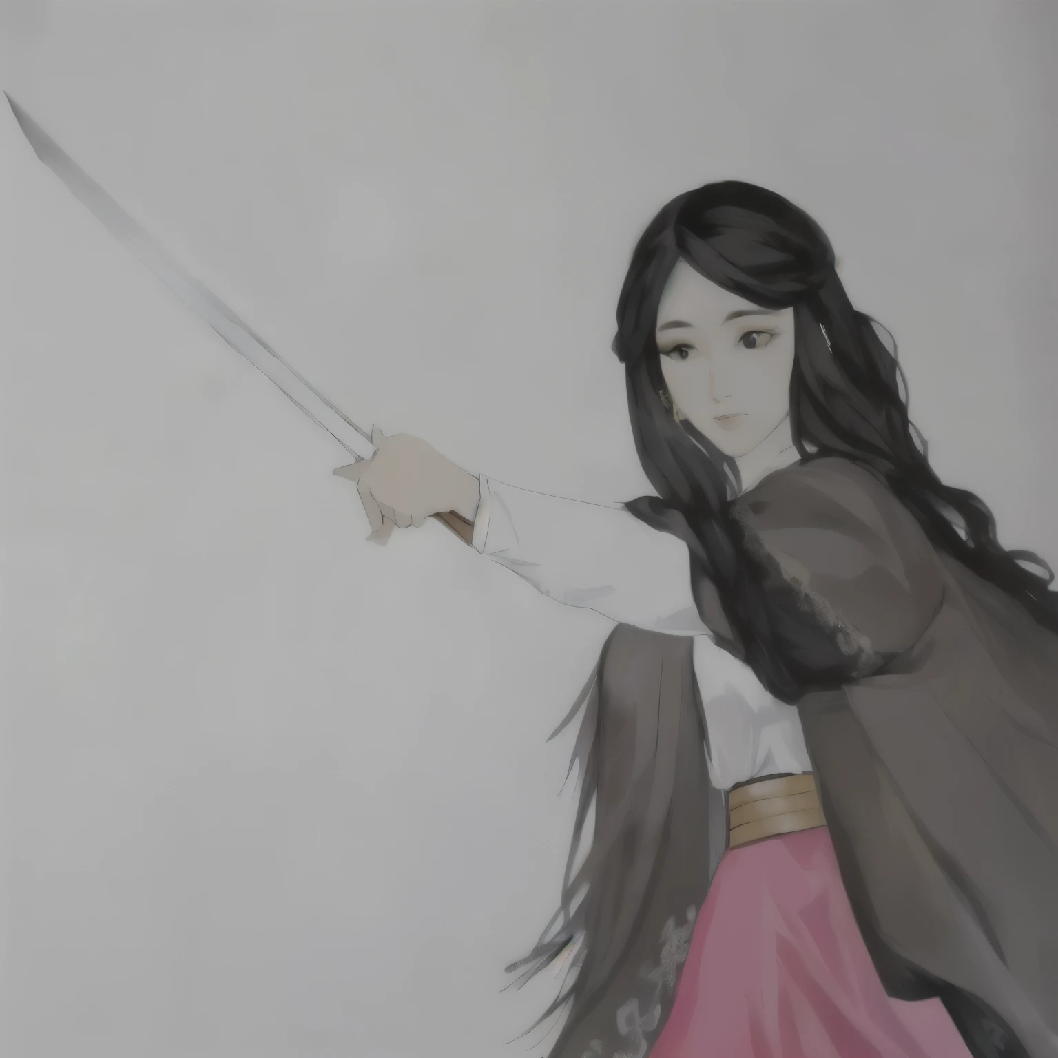 drawing of a woman holding an epée in her hand, she is holding an epée, holding an epée on her shoulder, long sword in hand, ela está holding an epée katana, practicing your sword staces, while holding an epée, holding an epée, wielding a sword, holds a sword, holding an epée de duas mãos, holding a longsword, art admirer