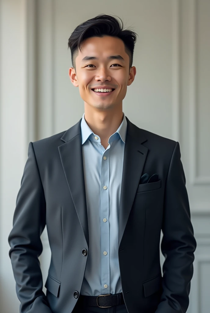 Create an image of a profesional fair man around 35 years old, with low cut hair . with a smile face look professional for freelance job wearing shirt and suilt
