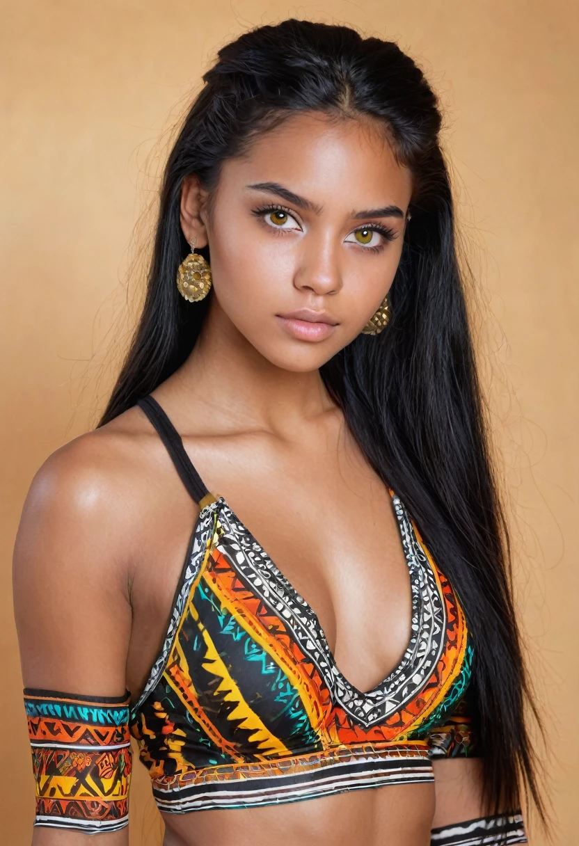 Latina teenager, 25 years old, honey-colored eyes, delicate black skin, long black hair, sensual body, big ass, tribal paint.