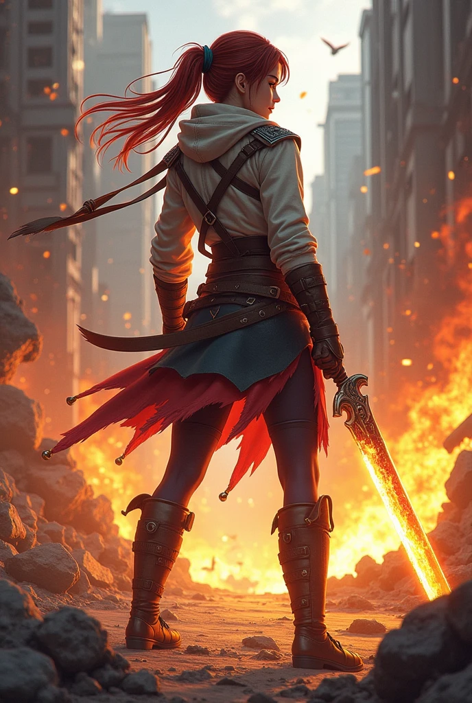 a one woman,Brunetette, Sarada, russet hair, adventurer clothes, burning sword, debris, She has her back 