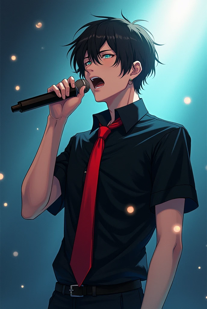 The atmosphere is like a shoujo manga.、An angled view of a man holding a microphone and singing with one eye closed、He is wearing a short-sleeved black shirt and a red tie