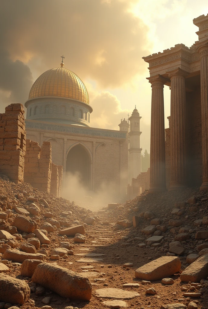 crie uma imagem ultrarrealista baseado neste texto, Jesus prophesied the destruction of Jerusalem "In Matthew 24:2, Jesus disse: ' Not a stone will be left upon another, that it is not destroyed.'Forty years later, In 70 AD.c., the Romans destroyed Jerusalem, and the Temple was completely demolished, fulfilling Jesus' prophecy with precision.", picture in 8k