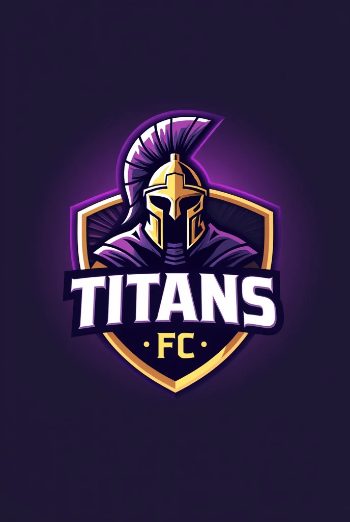 football shield for a team called Titanes FC, that it be a simple logo, that there be a titan or a warrior's helmet in the center, with the word TITANS, The two main colors should be purple and white, and add a slight touch of gold.