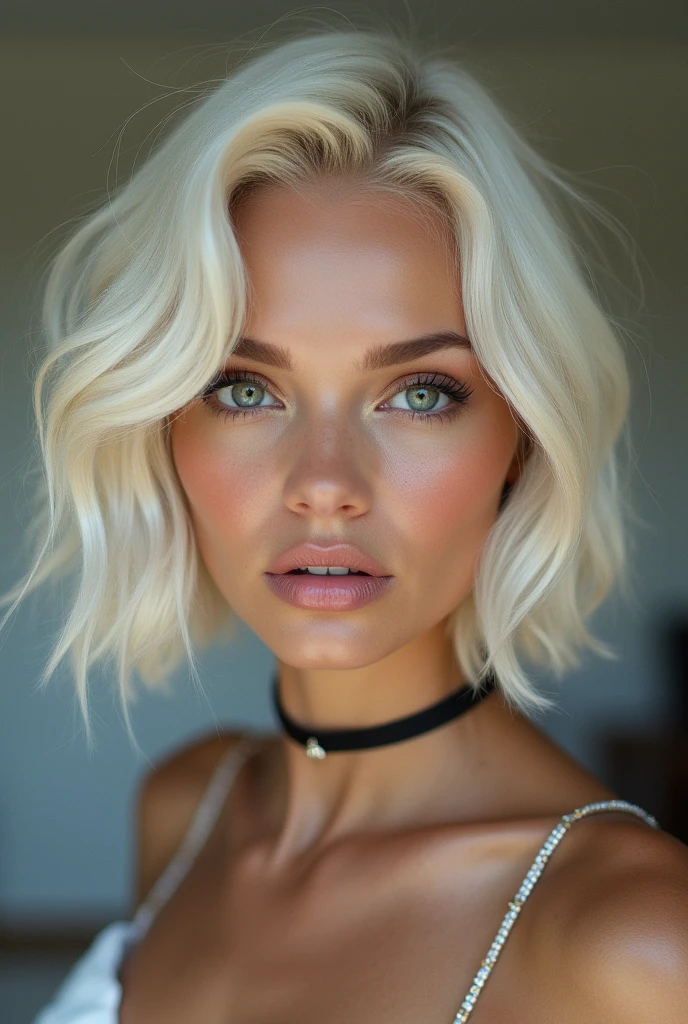 Platinum blonde woman with shoulder length hair and a choker necklace no earrings NO cleft chin
