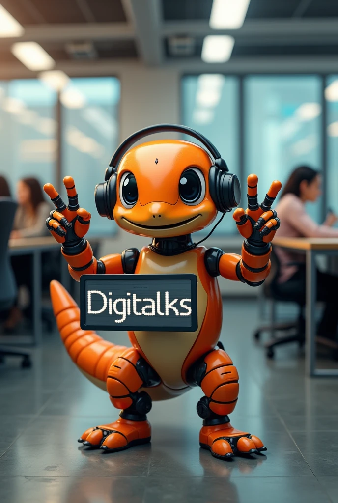 A robot salamander. Predominant Colors, orange, gris, black andwhite. Body color, orange. head, arms and legs, Use neutral colors, gris, black andwhite. A salamandra robótica está fazendo o Sign of vitória (Sign of "in") with the right hand. She is holding a digital sign that says "Digitalks", with an electronic font, Robotic style. She wears black headphones. The background is an office room, with tables and chairs where people are sitting working. Your big eyes, black and white. He has a friendly look, happy and a smile.