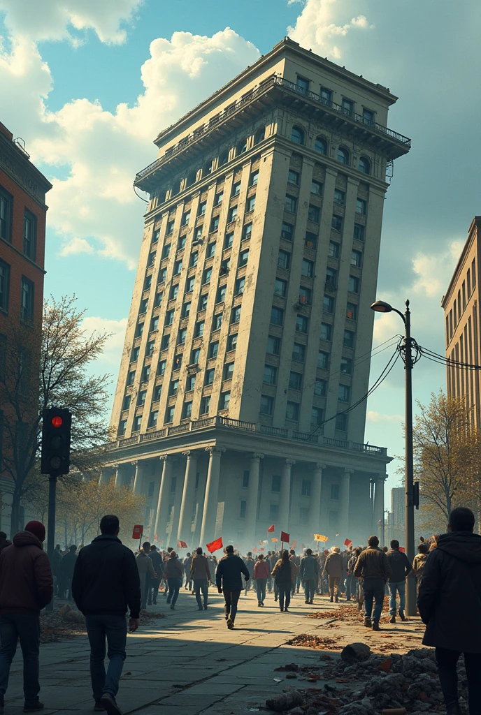 a classic government building, similar to a parliament or a government house, that looks grand and solemn from afar, but as you get closer you can see deep cracks in the foundations and walls. The building is partially tilted, and there are scaffolding around trying to hold it up, although they look fragile and poorly built. In the environment, citizens are trying to continue with their daily activities: some are in disorganized lines, others protest with banners calling for justice and basic services. Traffic lights are not working properly and there are signs of chaos, like cars stuck at intersections, a fallen lamp post, and garbage piled up on the corners. Some politicians, in suits and ties, are in the building windows, looking out with concern, but doing nothing.