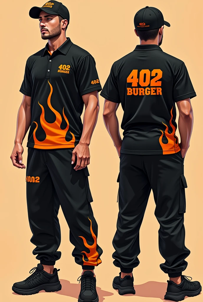 Design a complete uniform for a burger restaurant with the 402burger logo in black and orange colors with a polo shirt and jogger pants that is creative, with an urban and disruptive style with creative designs and flames on the sweatshirt and shirt and a cap.