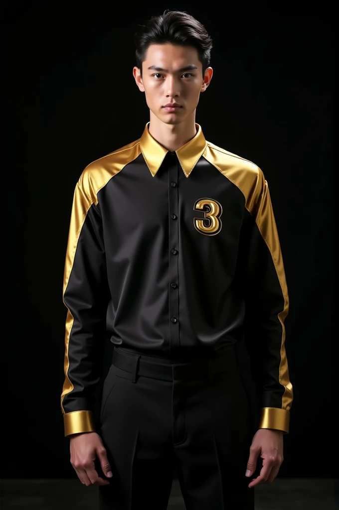 Create a black shirt with a gold collar and sleeves, On the left side of the chest, a symbol of a 3