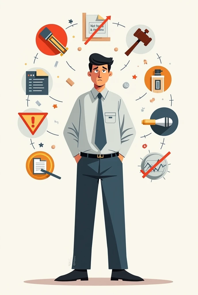 "An illustration showing a figure representing the person responsible surrounded by icons and symbols that illustrate different violations of the Law. Each violation is represented visually and clearly:
Failure to comply with requests: A form with a stamp of 'Not attended.'Negligence or intent: A figure with a worried or evasive expression in front of disordered papers.
Falsely declaring the non-existence of data: A file with a label of 'Not found,' but with a data icon behind a partially open door.
Change of purpose of processing: A chart with arrows changing direction, indicating an unauthorized change.
Transfer without notice: A file moving to another place with a warning sign.
Security breach: A broken padlock or a computer with a security alert.
Unauthorized transfer: Data being sent with a label of 'Not allowed.'
Collecting data without consent: A hand collecting data with a sign of 'No permission.'
Obstruction of verification: A block or barrier in front of an inspector.
Misleading or fraudulent data: Data with an icon of 'Fraud.'
Illegitimate use of data: A document with a mark of 'Unauthorized use.'
Affect access rights: A chart with chains around access rights.
Creating databases in violation: A file with a label of 'Law violation.'
The image should clearly highlight each violation to illustrate the variety of possible breaches."