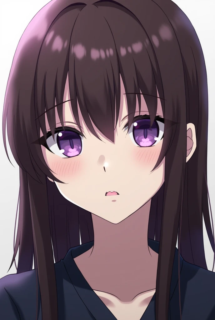 Jujutsu Kaisen anime girl, straight brown hair with a lilac streak, Lilac Eyes