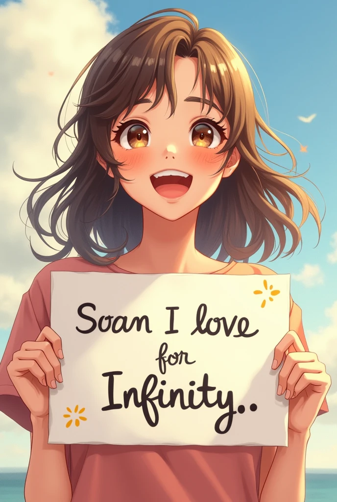 a beautiful and cute woman holding a sign "i love infinity", cheerful, happy, anime illustration, photorealistic, oil painting