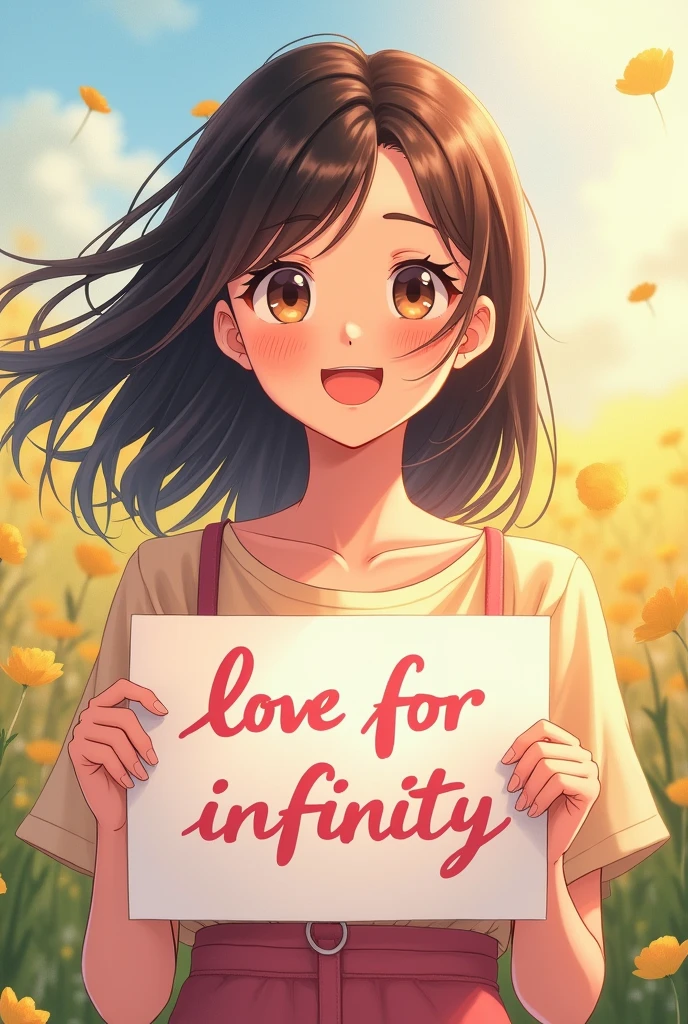 a beautiful and cute woman holding a sign "i love infinity", cheerful, happy, anime illustration, photorealistic, oil painting