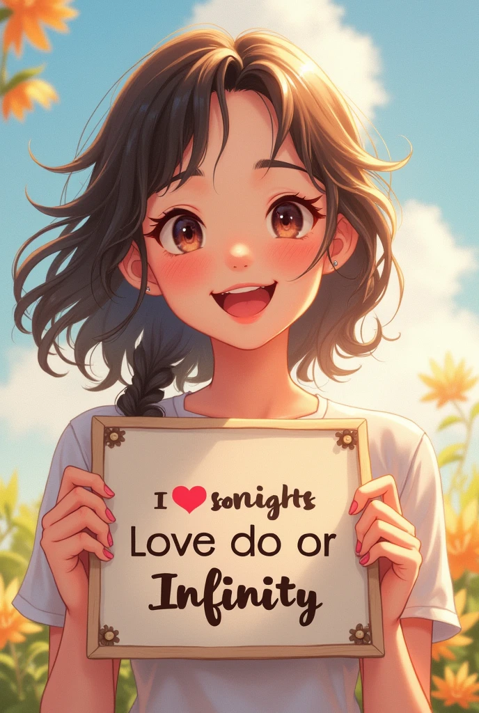 a beautiful and cute woman holding a sign "i love infinity", cheerful, happy, anime illustration, photorealistic, oil painting