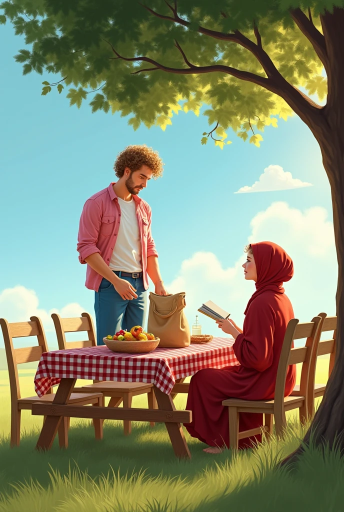 A pair of lovers having a picnic in a wide grass field with sunny weather and blue skies, the man with curly golden brown hair, reddish white skin, ideal body posture and tall, he wears an unbuttoned pink shirt and a white t-shirt. wearing blue knee-length trousers, the man was picking up the food on the table. The long picnic table had a white and red checkered cloth with a bag full of food, The height of the table is as high as the man's waist.and there were 6 wooden chairs facing each other. Meanwhile the woman is wearing a red robe and she is wearing a red headscarf and is sitting on a stretch of grass while leaning against a tree while reading a book, this woman's position is not far from the man's. She looked at the man in front of her. The shot from behind the tree as the woman sits, and the man is visible in front.