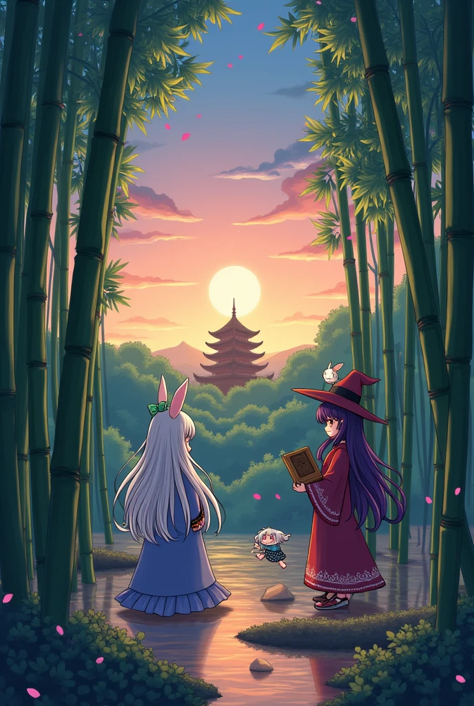 Create a bamboo forest with a temple in the background at dusk that features the characters called ,reisen inaba ,Patchouli Knowledge and Koakuma (From the Touhou Project) animated style 