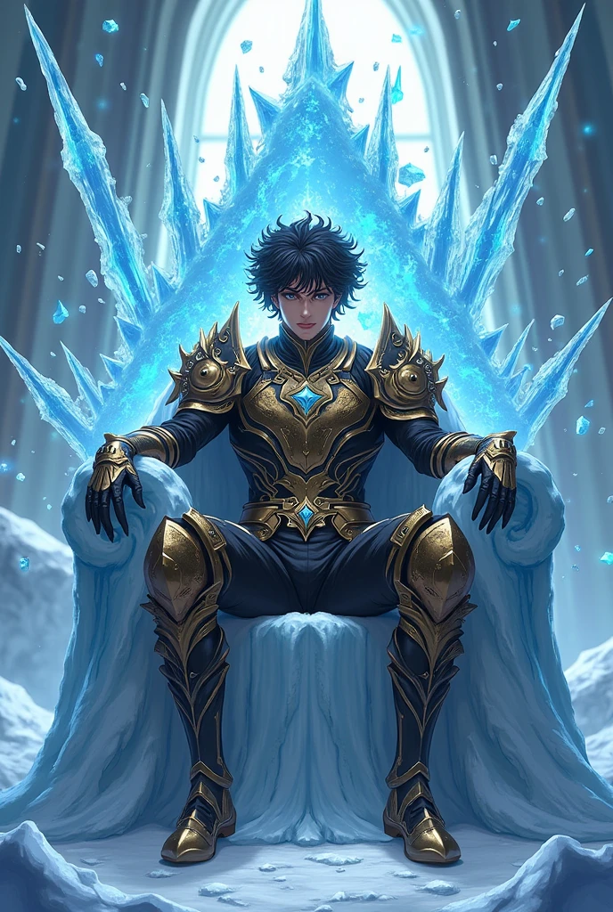 realistic Anime Guy Ice demon King sitting on a Ice throne, curly black hair, light brown skin, with dark brown eyes. Ice Gold armor with black and Gold details. Royal aura with ice swords and spears around. Bad boy face Powerful aura Blue fire