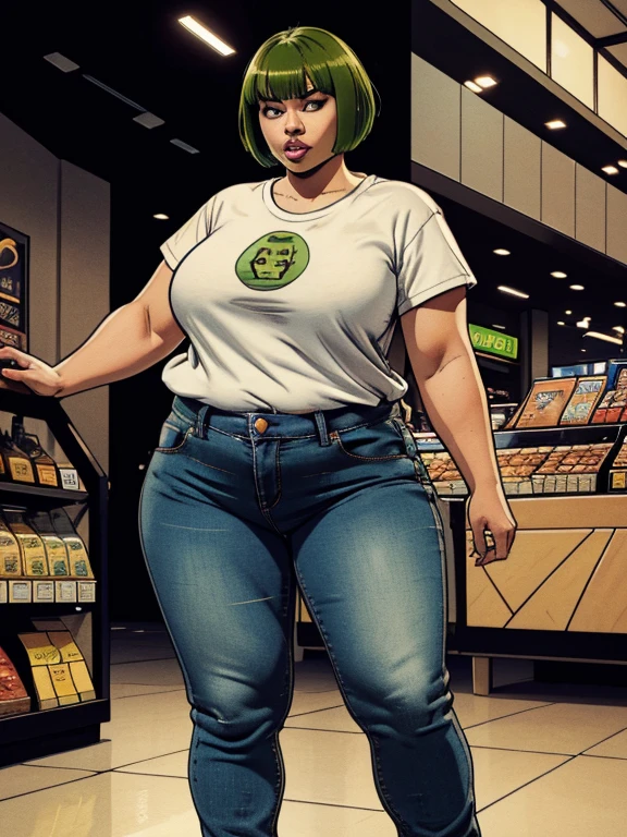 (((not cross-eyed))), ((Fat Caucasian girl, green bob hair with bangs, black eyes, wearing, big mouth thin lips, medium breasts, big ass)), ((wearing a short shirt and jeans)), ((shopping center)), (((not cross-eyed))), ((full body photo down to the feet)), front pose, perfect face, don't cross-eyed, Not duplicate, vanishing point, perspective, blending, wide shot, from above, UHD, masterpiece, accurate, anatomically correct, textured skin, super detail, high details, high quality, award winning, best quality, highres