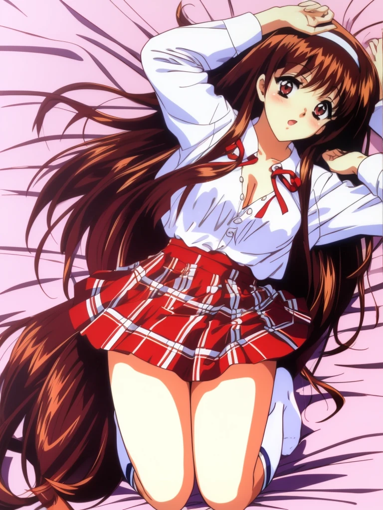 Yuuki Mizuho, One person, alone, Long Hair, hair band, Brown Hair, mini skirt, Red eyes, Plaid, Striped, ribbon, Open your mouth, Plaid スカート, blush, Lips parted, liar, On the bed, Lie down with your arms up, From above, retro artstyle, Long sleeve, White shirt, White underwear, White knee socks, Lack of shoes,  1990s (style), red skirt masterpiece, expensive quality, very_expensive_solve, big_file size, Full Color,(nup, plunging necklines:1.2)