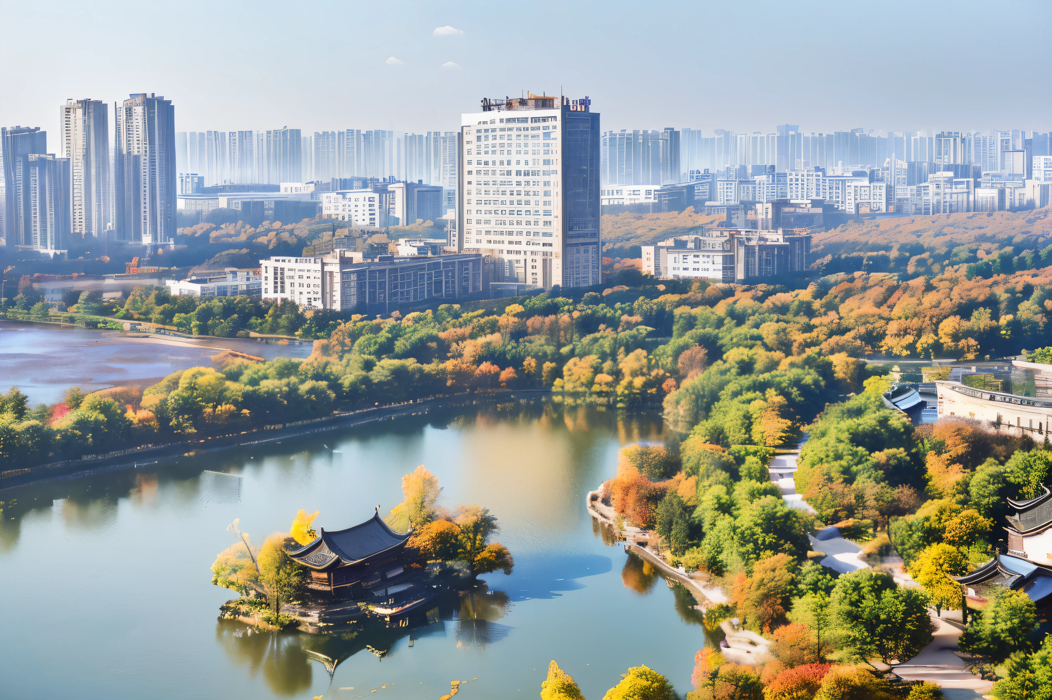 arafed view of a City with a lake and a building, baotou china, Hangzhou, riverside, Beijing, That, view, full - view, ruanjia, City, Wide-angle lens, Wide-angle lens, Lakeside, jin shan, Wooden plates, guangjian, far view, su fu, wide view, nanquan, panoramic，National Geographic Photo, RAW photos，Best quality），（reality，Photo reality：1.3），masterpiece，Extremely exquisite and beautiful，high resolution，Original，Blue sky and white clouds，autumn colors are deep