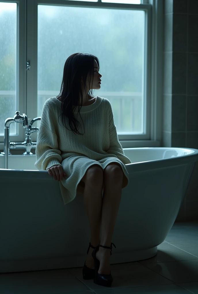 (photorealism:1.2), beautiful Japanese woman, a little plump woman, Small breasts, 45 years old, looking at window, some spots on the face, sitting in the bath tab, wearing wet sweater and skirt and high heel shoes, black long straight, indoors, flash lighting from her behind, large room, relaxed pose, realistic, intricate details, cool colors