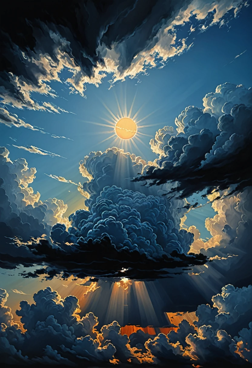 sky in gradient from dark to light blue, (sun above shining), (black and threatening clouds below), (realistic), (digital painting), (high resolution), (ultra-detailed), (masterpiece quality),