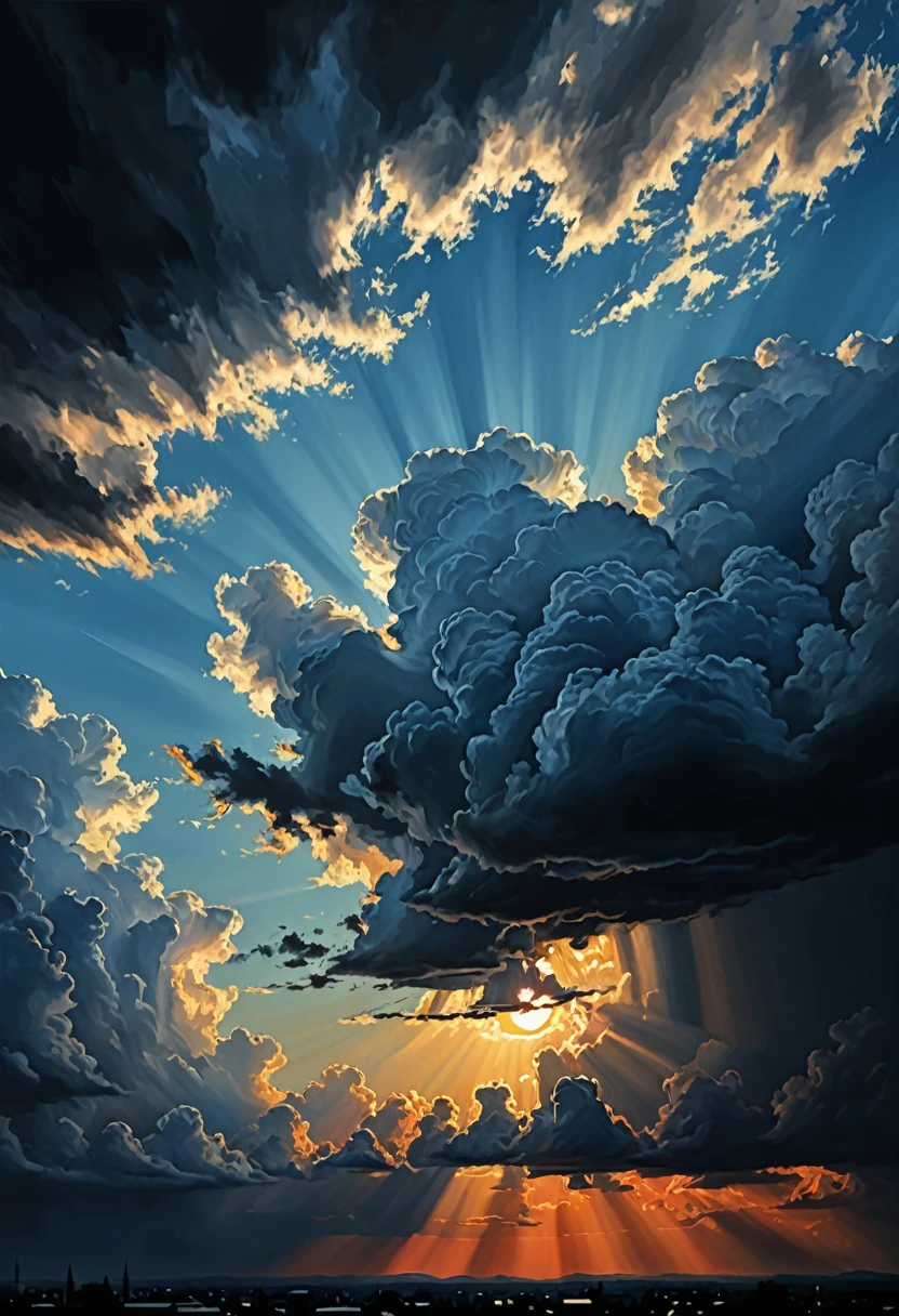 sky in gradient from dark to light blue, (sun above shining), (black and threatening clouds below), (realistic), (digital painting), (high resolution), (ultra-detailed), (masterpiece quality),