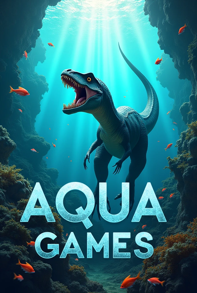 Create a dinosaur image for YouTube that says AQUA GAMES with dimensions of 2048x1152 pixels.